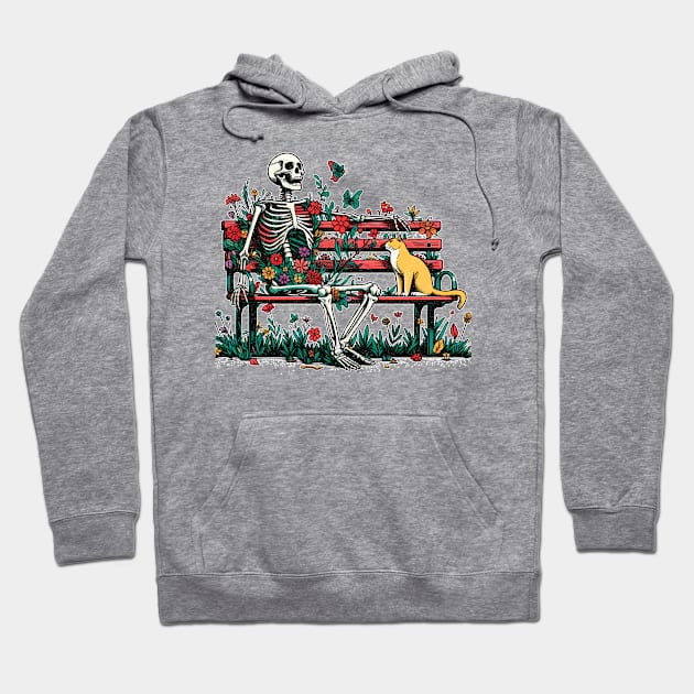 Curious Cat with bench floral bench skeleton Hoodie by Art from the Machine